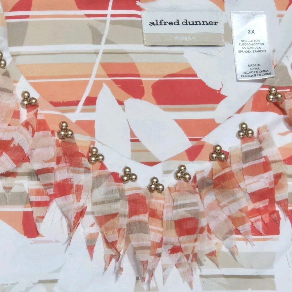 Alfred Dunner Woman Shirt Stretch Orange Stripe Floral Stud Fringe Collar Sz 2x - Picture 5 of 12